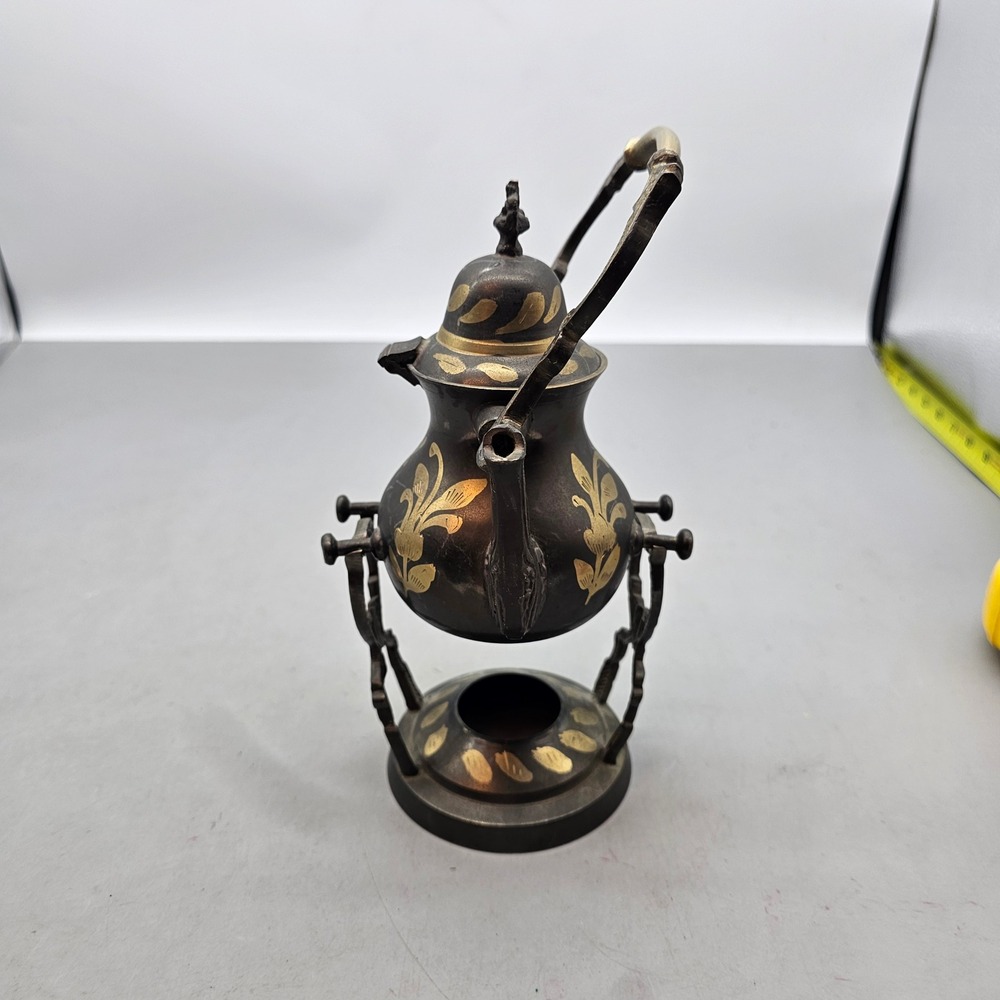 Vintage Brass Teapot with Warming Stand Black and Gold Etched Floral Decorative